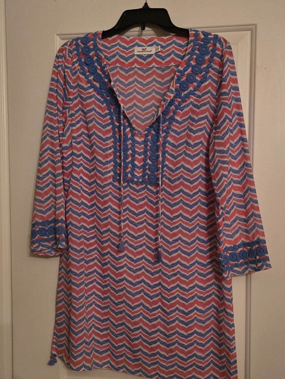 Vineyard Vines Pink and Blue Chevron Tunic Swim Cover Up with Embroidered Trim